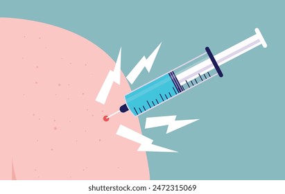 Vaccine needle pain - Syringe vaccination injected in arm of patient, having a painful experience. Fear of needles and trypanophobia concept in cartoon flat design vector illustration