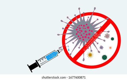 Vaccine needle vector icon and stop sign with virus icon inside isolated on light blue background, space for text and design, flat vector icon for mobile and computer web graphic design