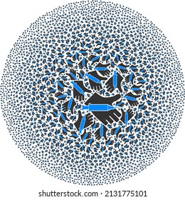 Vaccine offer hand symbols are arranged into spheric group. Vaccine offer hand icon bubble mosaic. Abstract spheric cluster mosaic done with vaccine offer hand symbols.
