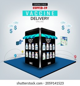 Vaccine on Mobile Application , Covid-19 vaccine Online on smartphone. Online order tracking,Delivery home and office. City logistics. Warehouse, courier. vector illustration.