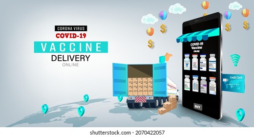 Vaccine on Mobile Application , Covid-19 vaccine Online on smartphone. Online order tracking,Delivery home and office. City logistics. Warehouse, courier. vector illustration.
