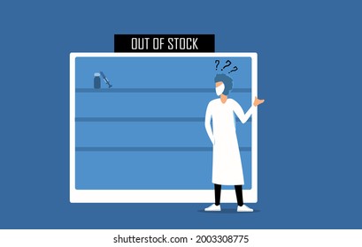 Vaccine out of stock or not available, a doctor looking at empty shelf and vaccines are unavailable 