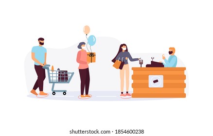 
Vaccine, Pandemic, Covid-19, Coronavirus, Epidemic, Quarantine. A group of people keep the distance at the checkout in a store
