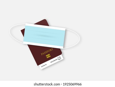 Vaccine passport after covid-19 vaccination. Illustration of passport, vaccination record card and face mask on white background. Vector illustration.