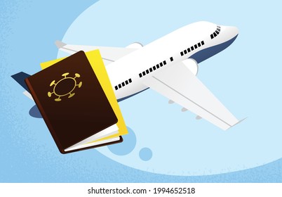 Vaccine passport with airplane on background. International certificate of immunity and vaccination. Concept of travel authorization during covid-19 pandemic. Summer holidays travel by plane.