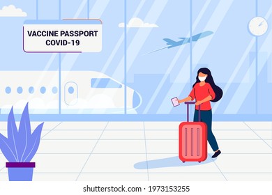 Vaccine passport Corona vaccine pass and tourism Vaccination for travelers Negative PCR test for coronavirus Woman at the airport in a medical mask with luggage goes to board the plane