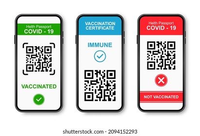 Vaccine passport or COVID-19 certificate in smartphone. Health passport and certificate of vaccine, confirmation of immunity from coronavirus with qr code for control of safety in phone app. Vector