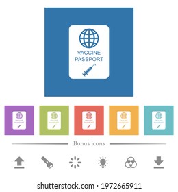 Vaccine passport flat white icons in square backgrounds. 6 bonus icons included.
