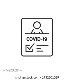 vaccine passport icon, vaccination certificate against covid-19 with check mark, medical card or passport for travel in time pandemic, thin line symbol on white background