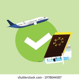 Vaccine passport with international certificate of vaccination, with an airplane in background and a syringe in front of the passport. Travel authorization during pandemic.