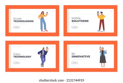 Vaccine Passport Landing Page Template Set. Digital Sanitary Pass Concept. Young and Old People Show Coronavirus Certificates with Qr Code on Mobile Phone Screen. Cartoon Vector Illustration