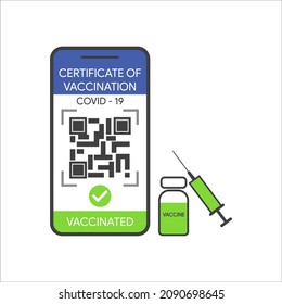 Vaccine passport on smartphone screen. Green immunity certificate. Health passport on digital screen with QR code. Flat style.