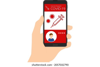 Vaccine Passport smartphone app to prove coronavirus vaccination (unvaccinated), hand showing with photo