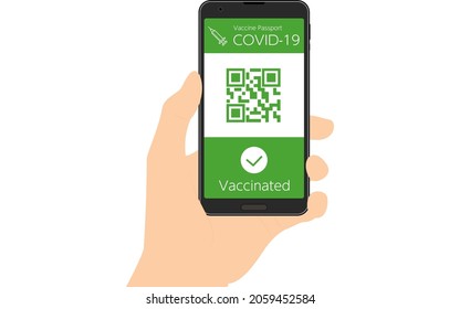 Vaccine Passport smartphone app to prove coronavirus vaccination (vaccinated), hand showing barcode