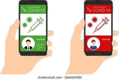 Vaccine Passport smartphone app to prove coronavirus vaccination (vaccinated and unvaccinated), hand showing with photo