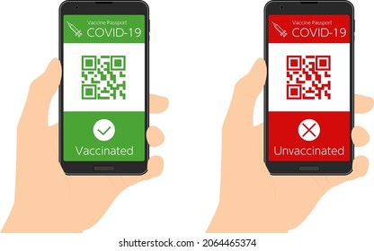 Vaccine Passport smartphone app proving coronavirus vaccination (vaccinated and unvaccinated), hand showing barcode