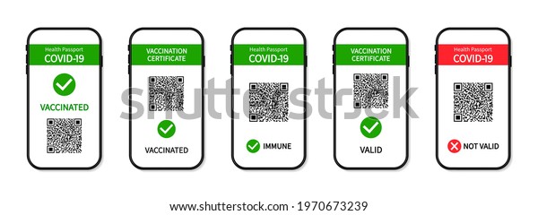 Vaccine passport in smartphone screen.\
Certificate of vaccine and immune from covid in phone app. Health\
passport on digital screen with qr code for control and check of\
safety from covid-19.\
Vector.