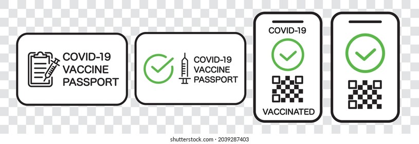 Vaccine passport vector icon set. Covid-19 coronavirus vaccine certificate icons.