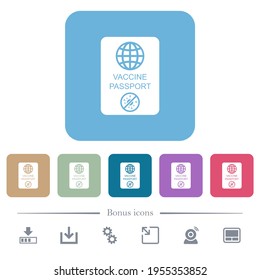 Vaccine passport white flat icons on color rounded square backgrounds. 6 bonus icons included