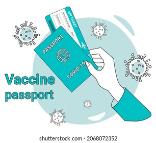 Vaccine passport.A woman holds a vaccine passport and an air ticket in her hands.A call for safety and taking care of your health.Flat vector illustration.