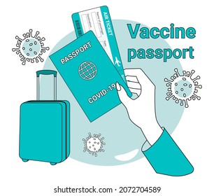 Vaccine passport.A woman holds a vaccine passport and a flight ticket against the background of a suitcase.A call for safety and taking care of your health.Flat vector illustration.