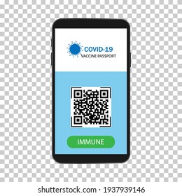 Vaccine Passport.Coronavirus Immune Passport Template Icon. Smartphone With Immune Health Passport For Covid-19.Immunity Passport For Travel During .Coronavirus Pandemic Concept.Vector Isolated.