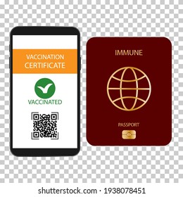 Vaccine passport.Coronavirus Immune passport template icon. Smartphone with immune health passport for covid-19. Immunity passport for travel during . Coronavirus pandemic concept. Vector isolated.