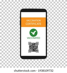 Vaccine passport.Coronavirus Immune passport template icon. Smartphone with immune health passport for covid-19.Immunity passport for travel during .Hand holding smartphone.Vector isolated.