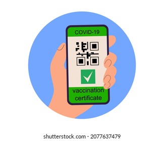 Vaccine Passport.Coronavirus Immune Passport Template Icon. Smartphone With Immune Health Passport For Covid-19.Immunity Passport For Travel During .Hand Holding Smartphone.Vector Isolated.