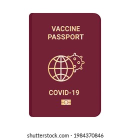 Vaccine passports. Passport with mark of immunity and vaccination. Crossed-out virus. Red passport. Vector flat illustration