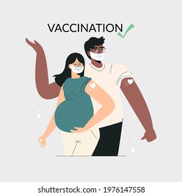 Vaccine pregnant family couple Vaccination concept. Diverse people after vaccine injection in shoulder. Pregnant getting vaccine shot. Character in face mask showing bandage. Flat vector illustration 