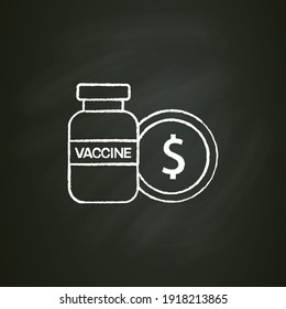 Vaccine price chalk icon. Vaccine bottle and dollar coin. Expensive medicine, pharmacy. Stop coronavirus pandemic. Covid19 disease vaccination concept. Isolated vector illustration on chalkboard