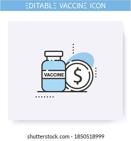 Impfpreis-Symbol Impfflasche und Dollarmünze. Kostspielige Medizin, Apotheke. Beenden Sie die Koronavirus-Pandemie. Covid19-Impfkonzept. Einzige Vektorgrafik. Bearbeitbarer Hub 