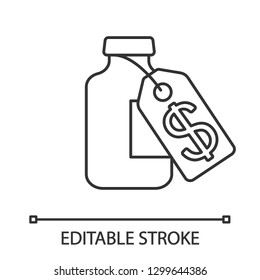 Vaccine Price Linear Icon. Thin Line Illustration. Medical Vial With Cost Label. Pharmacy. Medications, Drugs With Dollar Tag. Contour Symbol. Vector Isolated Outline Drawing. Editable Stroke