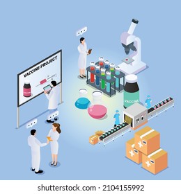 Vaccine production and distribution isometric 3d vector concept for banner, website, illustration, landing page, flyer, etc.