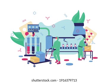 Vaccine Production Flat Concept Vector Illustration. Pharmaceutical Manufacture. Drug Development. Factory Workers 2D Cartoon Characters For Web Design. Medical Laboratory Creative Idea