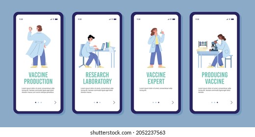 Vaccine production and medical laboratory research onboarding pages kit with scientists characters, flat vector illustration. Pharmaceutical and pharmacology services.