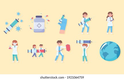 vaccine, professional staff medical with syringe shield flask world covid 19 vector illustration