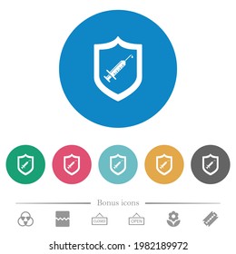 Vaccine protected flat white icons on round color backgrounds. 6 bonus icons included.