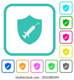 Iconos planos de colores vivos protegidos por vacunas en bordes curvados sobre fondo blanco