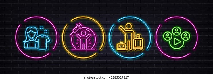 Vaccine protection, Clean shirt and Airport transfer minimal line icons. Neon laser 3d lights. Video conference icons. For web, application, printing. Vector