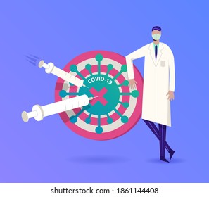 Vaccine and protection COVID-19 Coronavirus outbreak concept, Doctor wearing sanitary mask holding target to protect from COVID-19 coronavirus pathogens. Syringes with Vaccine defeat virus