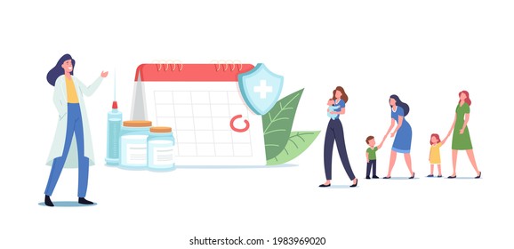 Vaccine for Protection from Disease, Immunization Schedule. Tiny Characters Wait for Vaccination near Huge Calendar with Rounded Date. Doctor Invite for Injection. Cartoon People Vector Illustration