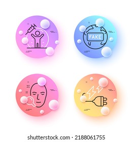 Vaccine Protection, Electricity Plug And Fake News Minimal Line Icons. 3d Spheres Or Balls Buttons. Face Search Icons. For Web, Application, Printing. Vector