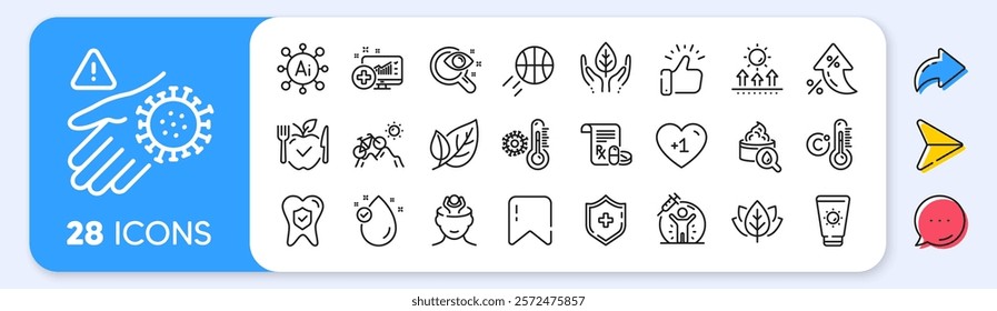 Vaccine protection, Medical analytics and Organic tested line icons. Interest rate, AI generate, Inflation icons. Pack of Medical shield, Celsius thermometer, Dental insurance icon. Vector