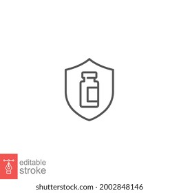 Vaccine protection, save shield, bottle line icon. Vaccination program, immunization medical health. bottle of vaccine on shield. Editable stroke vector illustration design on white background EPS 10