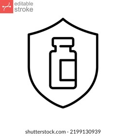 Vaccine protection, save shield, bottle line icon. Vaccination program, immunization medical health. bottle of vaccine on shield. Editable stroke vector illustration design on white background EPS 10