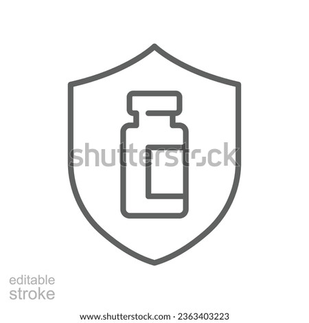 Vaccine protection, save shield, bottle line icon. Vaccination program, immunization medical health. bottle of vaccine on shield. Editable stroke vector illustration design on white background EPS 10