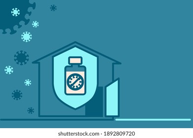vaccine protects against virus infection, gives immunity, freedom of movement, communication bottle on shield against background of open door of house.