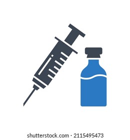 Vaccine related vector glyph icon. Syringe and container with vaccine. Vaccine sign. Isolated on white background. Editable vector illustration